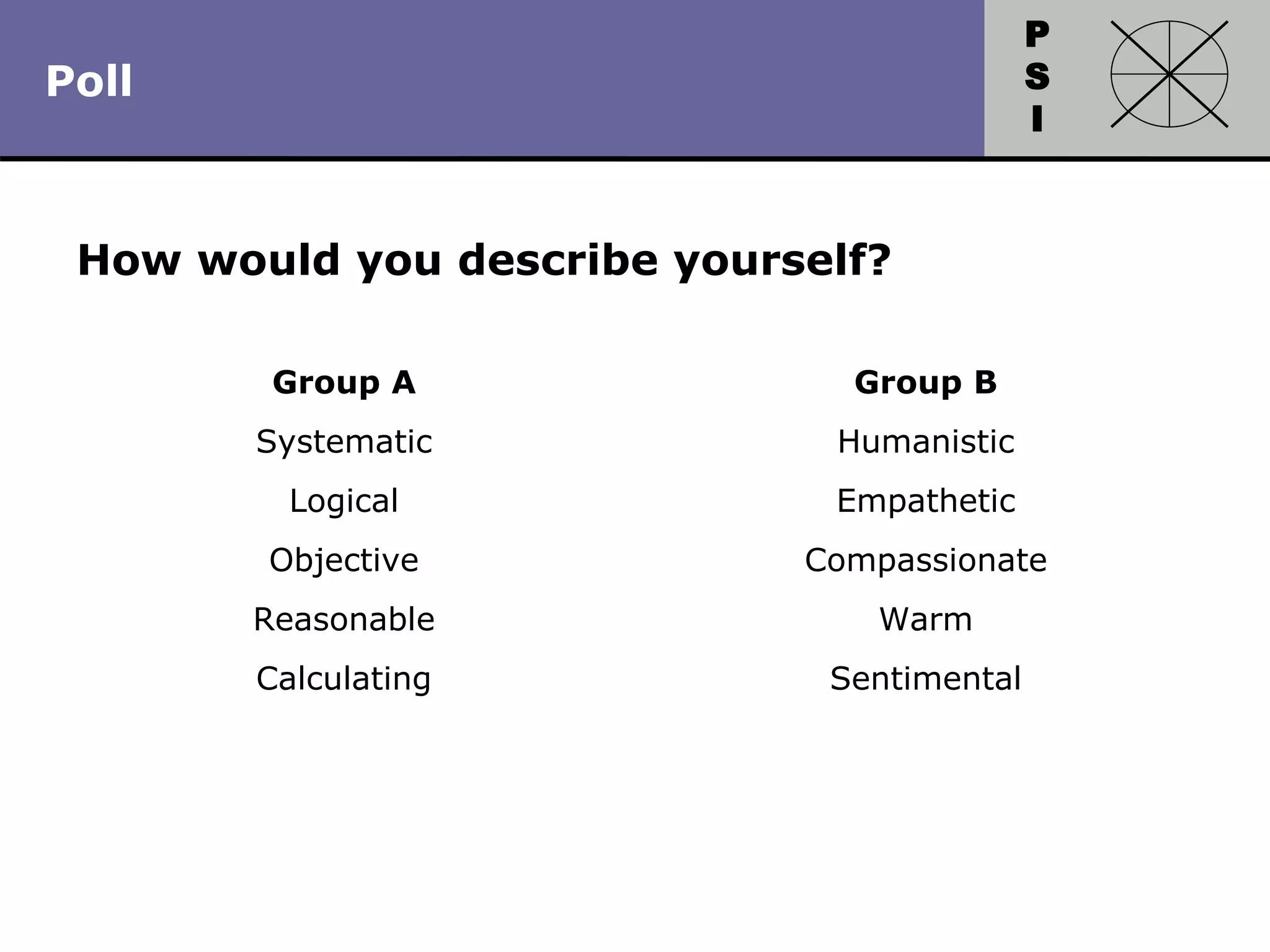 P
S
I
Copyright 2010 by HRDQ. All rights reserved.
Not for resale. www.hrdq.com
How would you describe yourself?
Group A
Systematic
Logical
Objective
Reasonable
Calculating
Group B
Humanistic
Empathetic
Compassionate
Warm
Sentimental
Poll
 