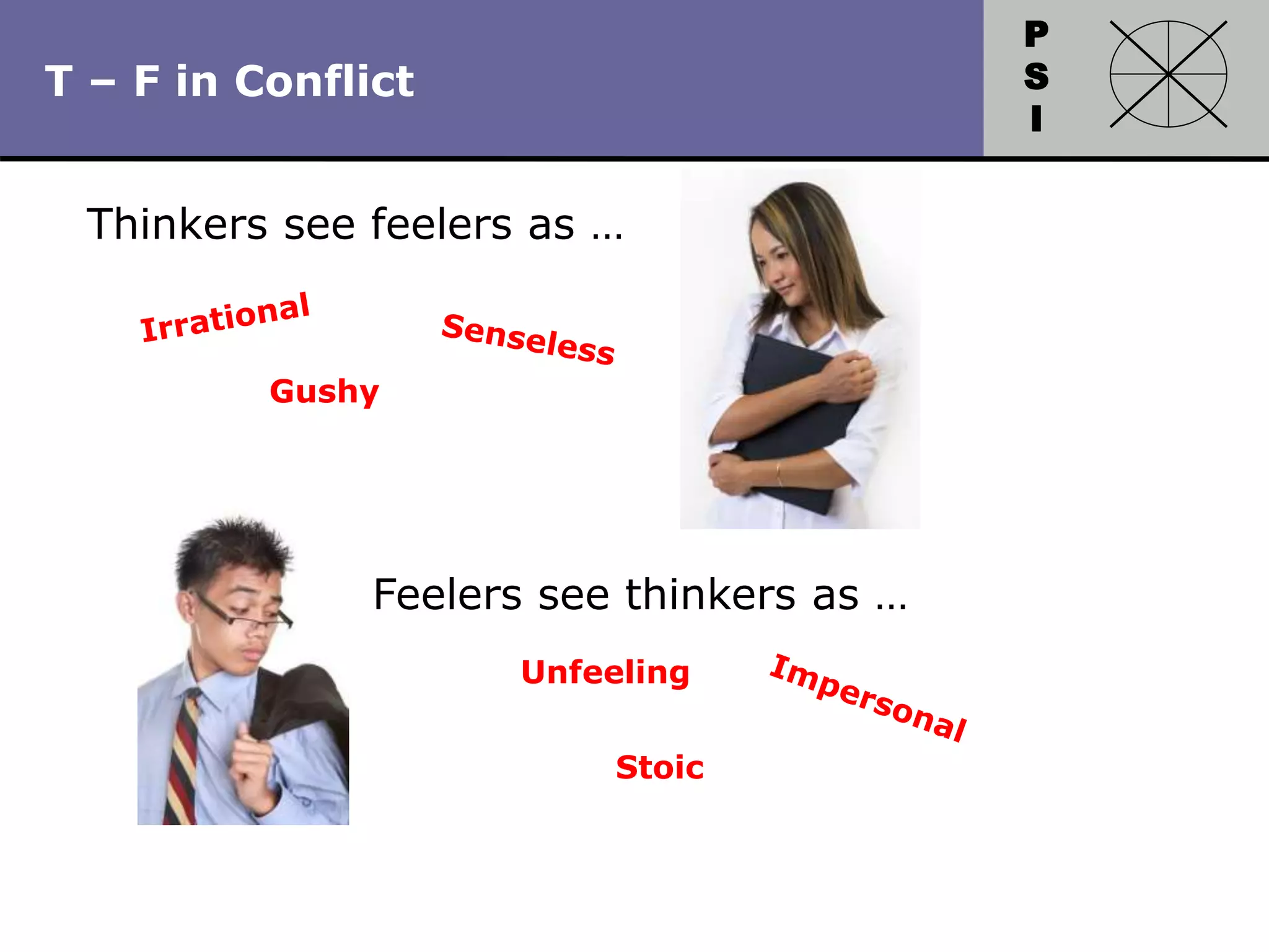 P
S
I
Copyright 2010 by HRDQ. All rights reserved.
Not for resale. www.hrdq.com
T – F in Conflict
Thinkers see feelers as …
Feelers see thinkers as …
Unfeeling
Stoic
Gushy
 