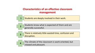 Characteristics of an effective classroom
management
1 Students are deeply involved in their work.
2
Students know what is expected of them and are
generally successful.
There is relatively little wasted time, confusion and
disruption.
3
4
The climate of the classroom is work oriented, but
relaxed and pleasant.
 
