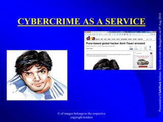 PresentedatClubHackInfosecKeynoteeventinBangaloreon8thAug2014
CYBERCRIME AS A SERVICE
© of images belongs to the respectiv...