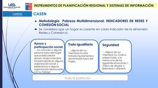 Metodología Pobreza Multidimensional: INDICADORES DE REDES Y
COHESIÓN SOCIAL
 Se considera que un hogar es carente en cada indicador de la dimensión
Redes y Cohesión si:
CASEN
Apoyo y
participación social
… no conocen a alguna
persona fuera del hogar
que pueda prestar
apoyo; ningún miembro
ha participado en alguna
organización social y
pertenencia a alguna
organización relacionada
con su trabajo
Trato Igualitario
… alguno de sus
miembros ha sido
tratado injustamente o
discriminado fuera del
hogar,
Seguridad
… alguno de sus
miembros ha vivido o
presenciado, a lo
menos una de las
siguientes situaciones: i.
Tráfico de drogas; ii.
Balaceras o disparos.
Toda la población
INSTRUMENTOS DE PLANIFICACIÓN REGIONAL Y SISTEMAS DE INFORMACIÓN
 