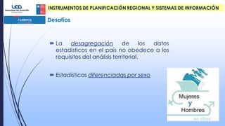  La desagregación de los datos
estadísticos en el país no obedece a los
requisitos del análisis territorial.
 Estadísticas diferenciadas por sexo
Desafíos
INSTRUMENTOS DE PLANIFICACIÓN REGIONAL Y SISTEMAS DE INFORMACIÓN
 