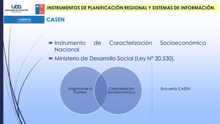  Instrumento de Caracterización Socioeconómica
Nacional
 Ministerio de Desarrollo Social (Ley Nº 20.530).
Magnitud de la
Pobreza
Caracterización
Socioeconómica
Encuesta CASEN
CASEN
INSTRUMENTOS DE PLANIFICACIÓN REGIONAL Y SISTEMAS DE INFORMACIÓN
 