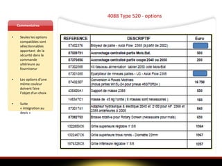 4088 Type 520 - options Commentaires Seules les options compatibles sont sélectionnables apportant  de la sécurité dans la commande ultérieure au fournisseur Les options d’une même couleur doivent faire l’objet d’un choix Suite « intégration au devis » 
