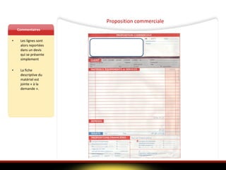 Proposition commerciale Commentaires Les lignes sont alors reportées dans un devis qui se présente simplement La fiche descriptive du matériel est jointe « à la demande ». 