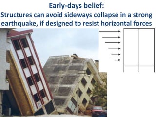 Early-days belief:
Structures can avoid sideways collapse in a strong
earthquake, if designed to resist horizontal forces
 