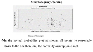 Model adequacy checking
Figures of Scatter plot
In the normal probability plot as shown, all points lie reasonably
closer to the line therefore, the normality assumption is met.
 