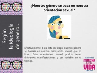 Según
laideología
degénero…
Efectivamente, bajo ésta ideología nuestro género
se basaría en nuestra orientación sexual, que es
libre. Esta orientación sexual podría tener
diferentes manifestaciones y ser variable en el
tiempo.
¿Nuestro género se basa en nuestra
orientación sexual?
 