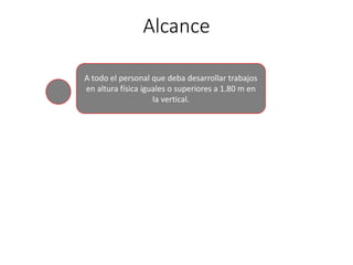 Alcance
A todo el personal que deba desarrollar trabajos
en altura física iguales o superiores a 1.80 m en
la vertical.
 