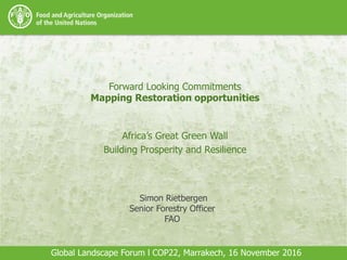 Forward Looking Commitments
Mapping Restoration opportunities
1
Africa’s Great Green Wall
Building Prosperity and Resilience
Simon Rietbergen
Senior Forestry Officer
FAO
Global Landscape Forum l COP22, Marrakech, 16 November 2016
 