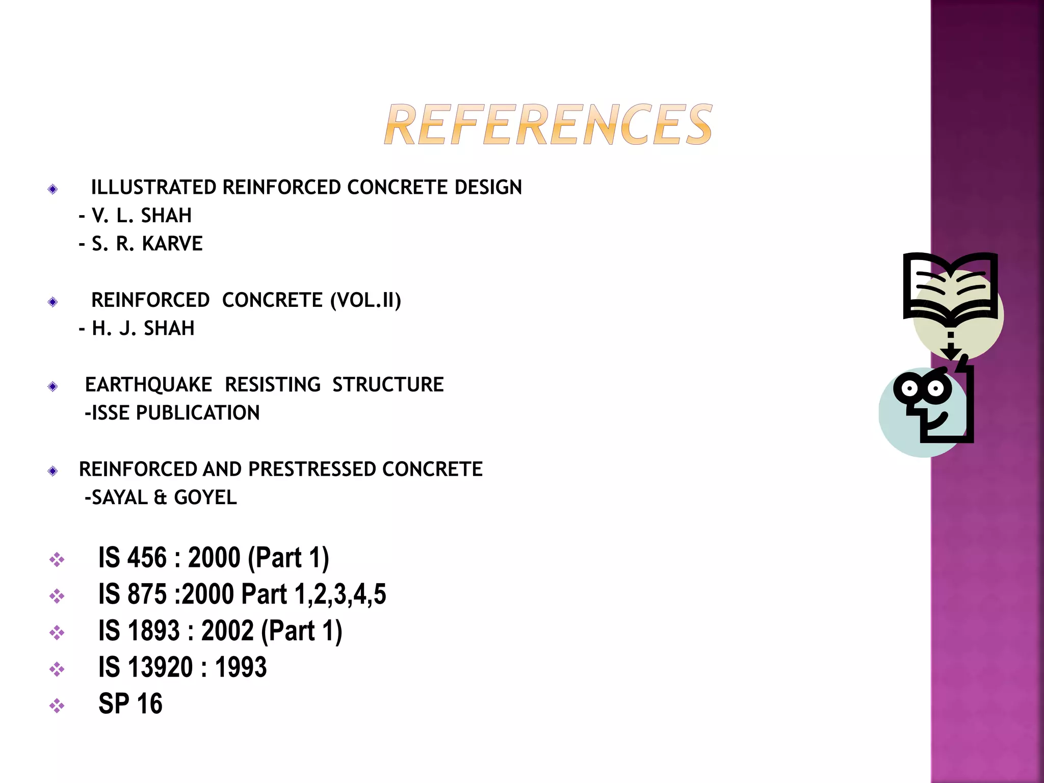 ILLUSTRATED REINFORCED CONCRETE DESIGN
- V. L. SHAH
- S. R. KARVE
REINFORCED CONCRETE (VOL.II)
- H. J. SHAH
EARTHQUAKE RESISTING STRUCTURE
-ISSE PUBLICATION
REINFORCED AND PRESTRESSED CONCRETE
-SAYAL & GOYEL
 IS 456 : 2000 (Part 1)
 IS 875 :2000 Part 1,2,3,4,5
 IS 1893 : 2002 (Part 1)
 IS 13920 : 1993
 SP 16
 