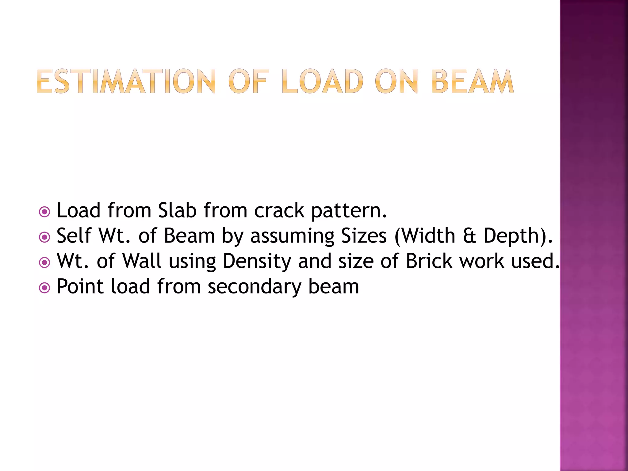  Load from Slab from crack pattern.
 Self Wt. of Beam by assuming Sizes (Width & Depth).
 Wt. of Wall using Density and size of Brick work used.
 Point load from secondary beam
 