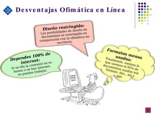 Desventajas Ofimática en Línea Dependes 100% de internet:   Si un día la conexión no es buena o no hay internet, no puedes trabajar. Diseño restringido: Las posibilidades de diseño de documentos es restringido en  comparación  con la ofimática en escritorio. Formatos menos usados: Finalmente, usemos lo que usemos el 95% de documentos usados son formato .doc, .xls y .ppt. 