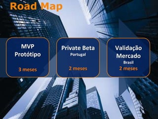 Road Map



  MVP       Private Beta   Validação
Protótipo      Portugal    Mercado
                             Brasil
 3 meses      2 meses       2 meses
 