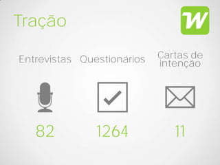 Tração

Entrevistas Questionários   Cartas de
                            intenção




   82          1264            11
 