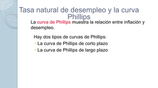 Tasa natural de desempleo y la curva
Phillips

La curva de Phillips muestra la relación entre inflación y
desempleo.
Hay dos tipos de curvas de Phillips:
 La curva de Phillips de corto plazo
 La curva de Phillips de largo plazo

 