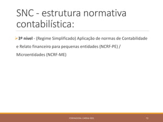 SNC - estrutura normativa
contabilística:
3º nível - (Regime Simplificado) Aplicação de normas de Contabilidade
e Relato financeiro para pequenas entidades (NCRF-PE) /
Microentidades (NCRF-ME)
FORMADORA: CARINA REIS 13
 