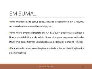 EM SUMA…
Uma microentidade (SNC) pode, segundo o Decreto-Lei n.º 372/2007
ser considerada uma média empresa; ou
Uma micro empresa (Decreto-Lei n.º 372/2007) pode estar a aplicar a
Norma contabilística e de relato financeiro para pequenas entidades
(NCRF-PE), ou as Normas Contabilísticas e de Relato Financeiro (NCRF);
Para além de outras combinações possíveis entre as classificações dos
dois normativos
FORMADORA: CARINA REIS 32
 