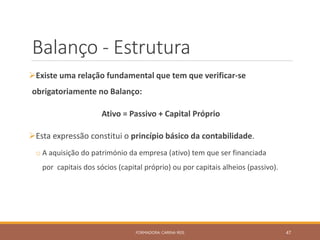 Balanço - Estrutura
Existe uma relação fundamental que tem que verificar-se
obrigatoriamente no Balanço:
Ativo = Passivo + Capital Próprio
Esta expressão constitui o princípio básico da contabilidade.
o A aquisição do património da empresa (ativo) tem que ser financiada
por capitais dos sócios (capital próprio) ou por capitais alheios (passivo).
FORMADORA: CARINA REIS 47
 