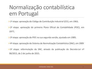 Normalização contabilística
em Portugal
1ª etapa: aprovação do Código de Contribuição Industrial (CCI), em 1963;
2ª etapa: aprovação do primeiro Plano Oficial de Contabilidade (POC), em
1977;
3ª etapa: aprovação do POC na sua segunda versão, ajustada em 1989;
4ª etapa: aprovação do Sistema de Normalização Contabilística (SNC), em 2009
5ª etapa: reformulação do SNC, através da publicação do Decreto-Lei nº
98/2015, de 2 de junho de 2015.
FORMADORA: CARINA REIS 6
 