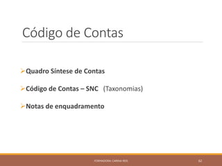 Código de Contas
Quadro Síntese de Contas
Código de Contas – SNC (Taxonomias)
Notas de enquadramento
FORMADORA: CARINA REIS 62
 