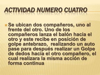 ACTIVIDAD NUMERO CUATRO

 Seubican dos compañeros, uno al
 frente del otro. Uno de los
 compañeros lanza el balón hacia el
 otro y este recibe en posición de
 golpe antebrazo, realizando un auto
 pase para después realizar un Golpe
 de dedos hacia el otro compañero, el
 cual realizara la misma acción de
 forma continua
 