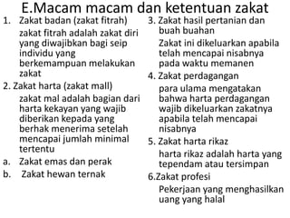 E.Macam macam dan ketentuan zakat

1. Zakat badan (zakat fitrah)
zakat fitrah adalah zakat diri
yang diwajibkan bagi seip
individu yang
berkemampuan melakukan
zakat
2. Zakat harta (zakat mall)
zakat mal adalah bagian dari
harta kekayan yang wajib
diberikan kepada yang
berhak menerima setelah
mencapai jumlah minimal
tertentu
a. Zakat emas dan perak
b. Zakat hewan ternak

3. Zakat hasil pertanian dan
buah buahan
Zakat ini dikeluarkan apabila
telah mencapai nisabnya
pada waktu memanen
4. Zakat perdagangan
para ulama mengatakan
bahwa harta perdagangan
wajib dikeluarkan zakatnya
apabila telah mencapai
nisabnya
5. Zakat harta rikaz
harta rikaz adalah harta yang
tependam atau tersimpan
6.Zakat profesi
Pekerjaan yang menghasilkan
uang yang halal

 