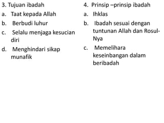 3. Tujuan ibadah
a. Taat kepada Allah
b. Berbudi luhur
c. Selalu menjaga kesucian
diri
d. Menghindari sikap
munafik

4. Prinsip –prinsip ibadah
a. Ihklas
b. Ibadah sesuai dengan
tuntunan Allah dan RosulNya
c. Memelihara
keseinbangan dalam
beribadah

 