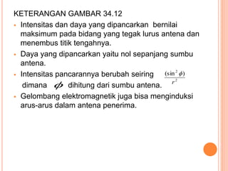 KETERANGAN GAMBAR 34.12 
 Intensitas dan daya yang dipancarkan bernilai 
maksimum pada bidang yang tegak lurus antena dan 
menembus titik tengahnya. 
 Daya yang dipancarkan yaitu nol sepanjang sumbu 
antena. 
 Intensitas pancarannya berubah seiring 
 
dimana dihitung dari sumbu antena. 
2 ) (sin 
2 
r 
 
 Gelombang elektromagnetik juga bisa menginduksi 
arus-arus dalam antena penerima. 
