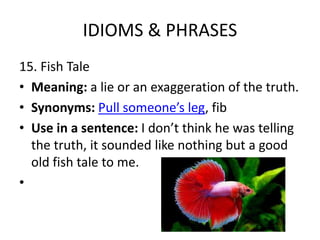 IDIOMS & PHRASES
15. Fish Tale
• Meaning: a lie or an exaggeration of the truth.
• Synonyms: Pull someone’s leg, fib
• Use in a sentence: I don’t think he was telling
the truth, it sounded like nothing but a good
old fish tale to me.
•
 