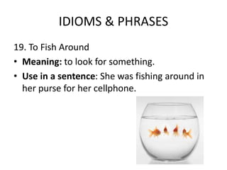 IDIOMS & PHRASES
19. To Fish Around
• Meaning: to look for something.
• Use in a sentence: She was fishing around in
her purse for her cellphone.
 