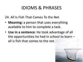 IDIOMS & PHRASES
24. All Is Fish That Comes To the Net
• Meaning: a person that uses everything
available to him to complete a task.
• Use in a sentence: He took advantage of all
the opportunities he had in school to learn –
all is fish that comes to the net.
 