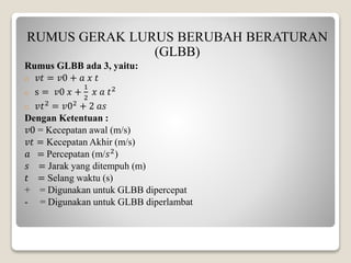RUMUS GERAK LURUS BERUBAH BERATURAN
(GLBB)
Rumus GLBB ada 3, yaitu:
o 𝑣𝑡 = 𝑣0 + 𝑎 𝑥 𝑡
o s = 𝑣0 𝑥 +
1
2
𝑥 𝑎 𝑡2
o 𝑣𝑡2 = 𝑣02 + 2 𝑎𝑠
Dengan Ketentuan :
𝑣0 = Kecepatan awal (m/s)
𝑣𝑡 = Kecepatan Akhir (m/s)
𝑎 = Percepatan (m/𝑠2)
𝑠 = Jarak yang ditempuh (m)
𝑡 = Selang waktu (s)
+ = Digunakan untuk GLBB dipercepat
- = Digunakan untuk GLBB diperlambat
 