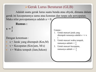 Gerak Lurus Beraturan (GLB)
Adalah suatu gerak lurus suatu benda atau obyek, dimana dalam
gerak ini kecepatannya sama atau konstan dan tanpa ada percepatan.
Maka nilai percepatannya adalah a = 0.
Rumus :
v =
𝒔
𝒕
Dengan ketentuan :
 s = Jarak yang ditempuh (Km,M)
 v = Kecepatan (Km/jam, M/s)
 t = Waktu tempuh (Jam,Sekon)
Catatan :
1. Untuk mencari jarak yang
ditempuh rumusnya adalah s = v x
t
2. Untuk mencari waktu tempuh,
rumusnya adalah t =
𝑠
𝑣
3. Untuk mencari kecepatan,
rumusnya adalah v =
𝑠
𝑡
 