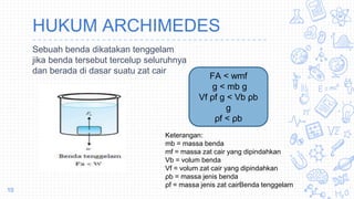 HUKUM ARCHIMEDES
Sebuah benda dikatakan tenggelam
jika benda tersebut tercelup seluruhnya
dan berada di dasar suatu zat cair
10
FA < wmf
g < mb g
Vf ρf g < Vb ρb
g
ρf < ρb
Keterangan:
mb = massa benda
mf = massa zat cair yang dipindahkan
Vb = volum benda
Vf = volum zat cair yang dipindahkan
ρb = massa jenis benda
ρf = massa jenis zat cairBenda tenggelam
 