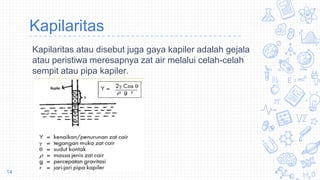 Kapilaritas
Kapilaritas atau disebut juga gaya kapiler adalah gejala
atau peristiwa meresapnya zat air melalui celah-celah
sempit atau pipa kapiler.
14
 