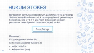 HUKUM STOKES
Berdasarkan perhitungan laboratorium, pada tahun 1845, Sir George
Stokes menunjukkan bahwa untuk benda yang bentuk geometrisnya
berupa bola, nilai k = 6 π r. Bila nilai k dimasukkan ke dalam
persamaan, maka diperoleh persamaan seperti berikut.
Fs = 6πr ηv
Keterangan:
Fs : gaya gesekan stokes (N)
η : koefisien viskositas fluida (Pa s)
r : jari-jari bola (m)
v : kelajuan bola (m/s)16
 