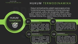 H U K U M
T E R M O D I N A M I K A
H U K U M T E R M O D I N A M I K A
Hukum termodinamika adalah seperangkat prinsip
fundamental yang menjelaskan tentang hubungan
antara panas, usaha, dan temperatur dalam suatu
sistem. Hukum-hukum ini memiliki peran krusial dalam
berbagai bidang ilmu, seperti fisika, kimia, teknik, dan
biologi.
HUKUM KE 0
TERMODINAMIKA
Jika dua sistem berada dalam
kesetimbangan termal dengan
sistem ketiga, maka ketiga sistem
tersebut akan saling berada
dalam kesetimbangan termal
satu sama lain.
01 HUKUM KE 1 TERMODINAMIKA
Hukum ini menyatakan bahwa energi
dalam suatu sistem terisolasi selalu
konstan. Artinya, energi tidak dapat
diciptakan atau dimusnahkan, hanya
dapat diubah dari satu bentuk ke
bentuk lain.
02
HUKUM
TERMODIN
AMIKA
HUKUM KE 2
TERMODINAMIKA
Hukum ini menyatakan bahwa
entropi (tingkat keacakan) suatu
sistem terisolasi selalu
meningkat seiring waktu. Artinya,
proses alami selalu menuju ke
arah keadaan yang lebih acak
03
HUKUM KE 3
TERMODINAMIKA
Hukum ini menyatakan bahwa
ketika suatu sistem mencapai suhu
absolut nol (273,15°C), entropinya
mencapai nilai minimum. Pada suhu
ini, semua gerakan termal berhenti
dan sistem berada dalam keadaan
04
 