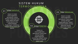 S I S T E M H U K U M
T E R M O D I N A M I K A
SISTEM TERTUTUP
Sistem ini tidak
memungkinkan
pertukaran massa
dengan lingkungannya,
tetapi dapat bertukar
energi (panas atau
usaha) dengan
lingkungan. Contohnya
adalah termos berisi air
panas.
01
SISTEM TERBUKA
Sistem ini
memungkinkan
pertukaran massa dan
energi dengan
lingkungannya.
Contohnya adalah mesin
pembakaran internal
pada mobil.
02
SISTEM TERISOLASI
Sistem ini tidak
memungkinkan
pertukaran massa atau
energi dengan
lingkungannya. Sistem
terisolasi adalah konsep
ideal dan jarang
ditemukan dalam
realitas.
03
 