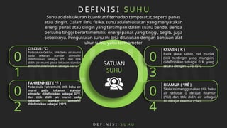 D E F I N I S I S U H U
Suhu adalah ukuran kuantitatif terhadap temperatur, seperti panas
atau dingin. Dalam ilmu fisika, suhu adalah ukuran yang menyatakan
energi panas atau dingin yang tersimpan dalam suatu benda. Benda
bersuhu tinggi berarti memiliki energi panas yang tinggi, begitu juga
sebaliknya. Pengukuran suhu ini bisa dilakukan dengan bantuan alat
ukur suhu, yaitu termometer
SATUAN
SUHU
D E F I N I S I S U H U
CELCIUS (°C)
Pada skala Celcius, titik beku air murni
pada tekanan standar atmosfer
didefinisikan sebagai 0°C, dan titik
didih air murni pada tekanan standar
atmosfer didefinisikan sebagai 100°C.
0
1
FAHRENHEIT ( °F )
Pada skala Fahrenheit, titik beku air
murni pada tekanan standar
atmosfer didefinisikan sebagai 32°F,
dan titik didih air murni pada
tekanan standar atmosfer
didefinisikan sebagai 212°F.
0
2
KELVIN ( K )
Pada skala Kelvin, nol mutlak
(titik terdingin yang mungkin)
didefinisikan sebagai 0 K, yang
setara dengan -273,15°C
0
3
REAMUR ( °RÉ )
Skala ini menggunakan titik beku
air sebagai 0 derajat Reamur
(°Ré) dan titik didih air sebagai
80 derajat Reamur (°Ré)
0
4
 