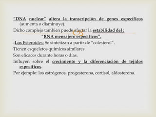 
“DNA nuclear” altera la transcripción de genes específicos
(aumenta o disminuye).
Dicho complejo también puede afectar la estabilidad del :
“RNA mensajero específicos”.
-Los Esteroides: Se sintetizan a partir de “colesterol”.
Tienen esqueletos químicos similares.
Son eficaces durante horas o días.
Influyen sobre el crecimiento y la diferenciación de tejidos
específicos.
Por ejemplo: los estrógenos, progesterona, cortisol, aldosterona.
 