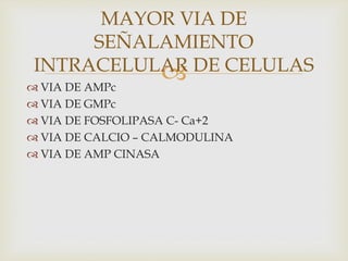 
 VIA DE AMPc
 VIA DE GMPc
 VIA DE FOSFOLIPASA C- Ca+2
 VIA DE CALCIO – CALMODULINA
 VIA DE AMP CINASA
MAYOR VIA DE
SEÑALAMIENTO
INTRACELULAR DE CELULAS
 