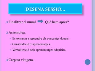  Finalitzar el mural Què hem après?
 Assemblea.
 Es tornaran a reprendre els conceptes donats.
 Consolidació d’aprenentatges.
 Verbalització dels aprenentatges adquirits.
 Carpeta viatgera.
DESENA SESSIÓ...
 