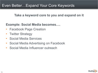 Even Better…Expand Your Core Keywords<br />Take a keyword core to you and expand on it<br />Example: Social Media becomes…...
