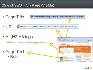 25% of SEO = On Page (Visible)<br /><ul><li> Page Title