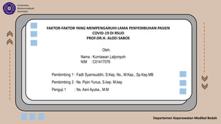 FAKTOR-FAKTOR YANG MEMPENGARUHI LAMA PENYEMBUHAN PASIEN
COVID-19 DI RSUD
PROF.DR.H. ALOEI SABOE
Oleh:
Nama : Kurniawan Latjompoh
NIM : C01417076
Pembimbing 1 : Fadli Syamsuddin, S.Kep, Ns., M.Kep., Sp.Kep.MB
Pembimbing 2 : Ns. Pipin Yunus, S.kep. M.kep
Penguji 1 : Ns. Asni Ayuba., M.M
Departemen Keperawatan Medikal Bedah
Universitas
Muhammadiyah
Gorontalo
 