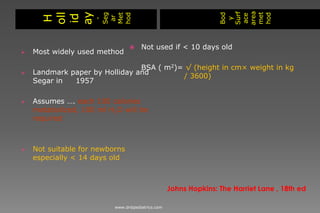 H
oll
id
ay
-
Seg
ar
Met
hod
Bod
y
Surf
ace
area
met
hod
 Most widely used method
 Landmark paper by Holliday and
Segar in 1957
 Assumes …. each 100 calories
metabolized, 100 ml H2O will be
required
 Not suitable for newborns
especially < 14 days old
 Not used if < 10 days old
BSA ( m2)= √ (height in cm× weight in kg
/ 3600)
Johns Hopkins: The Harriet Lane , 18th ed
www.dnbpediatrics.com
 