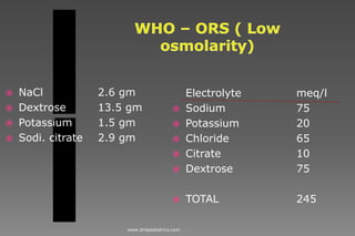  NaCl 2.6 gm
 Dextrose 13.5 gm
 Potassium 1.5 gm
 Sodi. citrate 2.9 gm
Electrolyte meq/l
 Sodium 75
 Potassium 20
 Chloride 65
 Citrate 10
 Dextrose 75
 TOTAL 245
www.dnbpediatrics.com
 