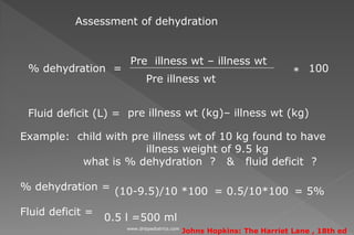 % dehydration = 100
Pre illness wt
Pre illness wt – illness wt
Fluid deficit (L) = pre illness wt (kg)– illness wt (kg)
*
Assessment of dehydration
Example: child with pre illness wt of 10 kg found to have
illness weight of 9.5 kg
what is % dehydration ? & fluid deficit ?
% dehydration =
Fluid deficit =
(10-9.5)/10 *100 = 0.5/10*100 = 5%
0.5 l =500 ml
Johns Hopkins: The Harriet Lane , 18th edwww.dnbpediatrics.com
 
