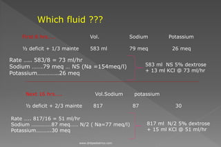 Which fluid ???
First 8 hrs….. Vol. Sodium Potassium
½ deficit + 1/3 mainte 583 ml 79 meq 26 meq
Rate ….. 583/8 = 73 ml/hr
Sodium …….79 meq … NS (Na =154meq/l)
Potassium…………..26 meq
Next 16 hrs….. Vol.Sodium potassium
½ deficit + 2/3 mainte 817 87 30
Rate ….. 817/16 = 51 ml/hr
Sodium ……………87 meq…… N/2 ( Na=77 meq/l)
Potassium………..30 meq
583 ml NS 5% dextrose
+ 13 ml KCl @ 73 ml/hr
817 ml N/2 5% dextrose
+ 15 ml KCl @ 51 ml/hr
www.dnbpediatrics.com
 